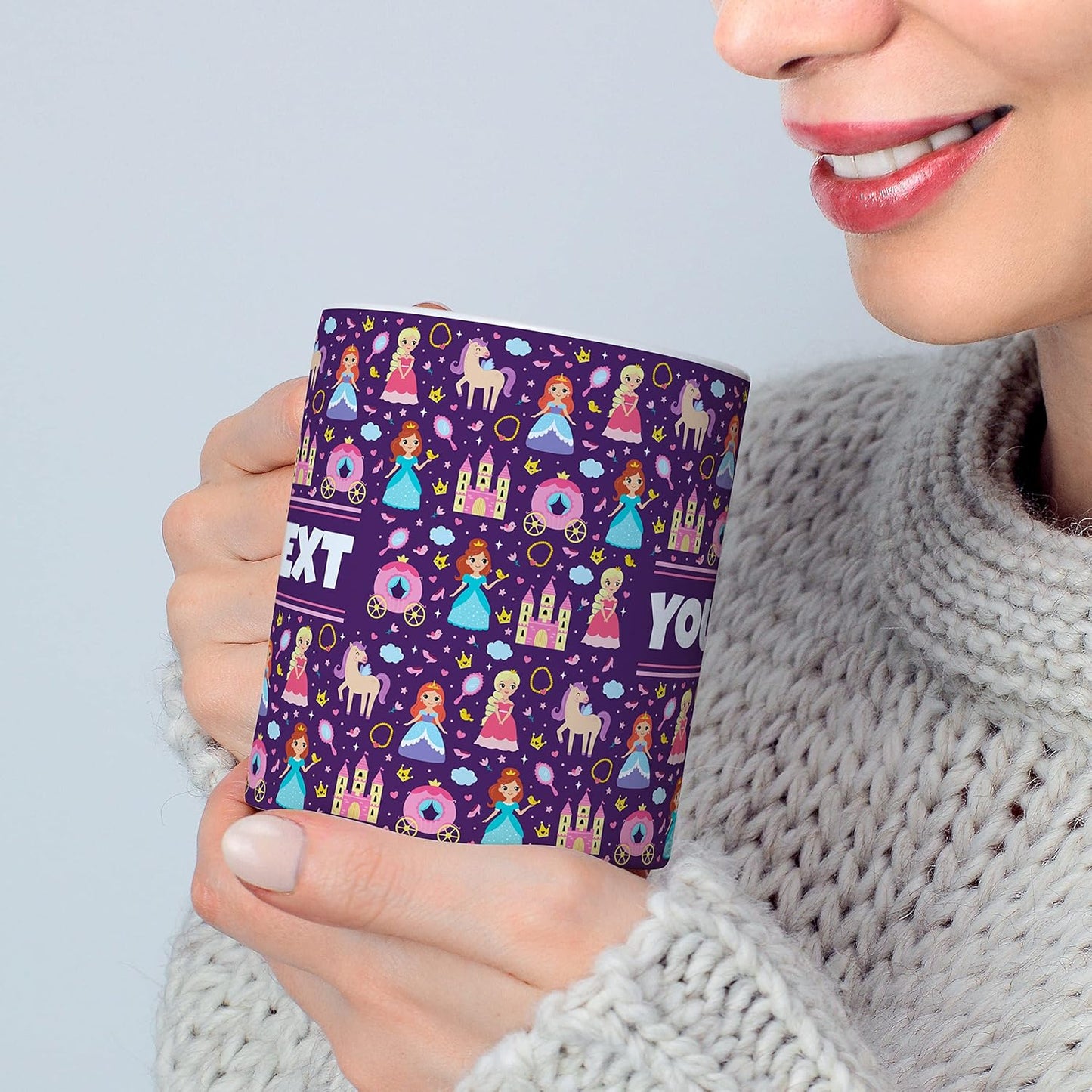 Personalized Mug for Kids - Princesses - Custom Name/Text, Ceramic Hot Chocolate/Cocoa/Coffee Cup for Girls, Birthday/Christmas/Holiday Gift - 11 oz, Pink Handle