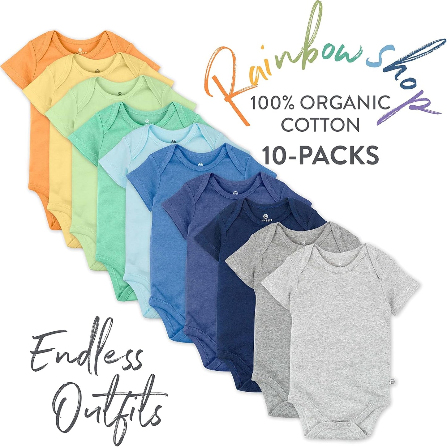 HonestBaby unisex-baby 10-pack Short Sleeve Bodysuits One-piece 100% Organic Cotton for Infant Baby Boys, Girls