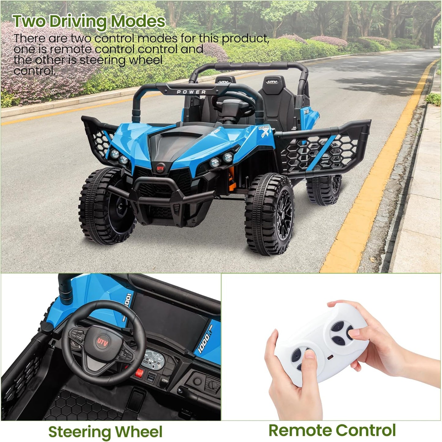 24V 2 Seater Ride On Car Truck, Power Wheels Kids UTV w/Parent Remote Control, 3.1 MPH Max Speed, Music Player, LED Lights & Storage, Electric Vehicle Ride On Toy for Kids Toddler Ages 3-8, Blue