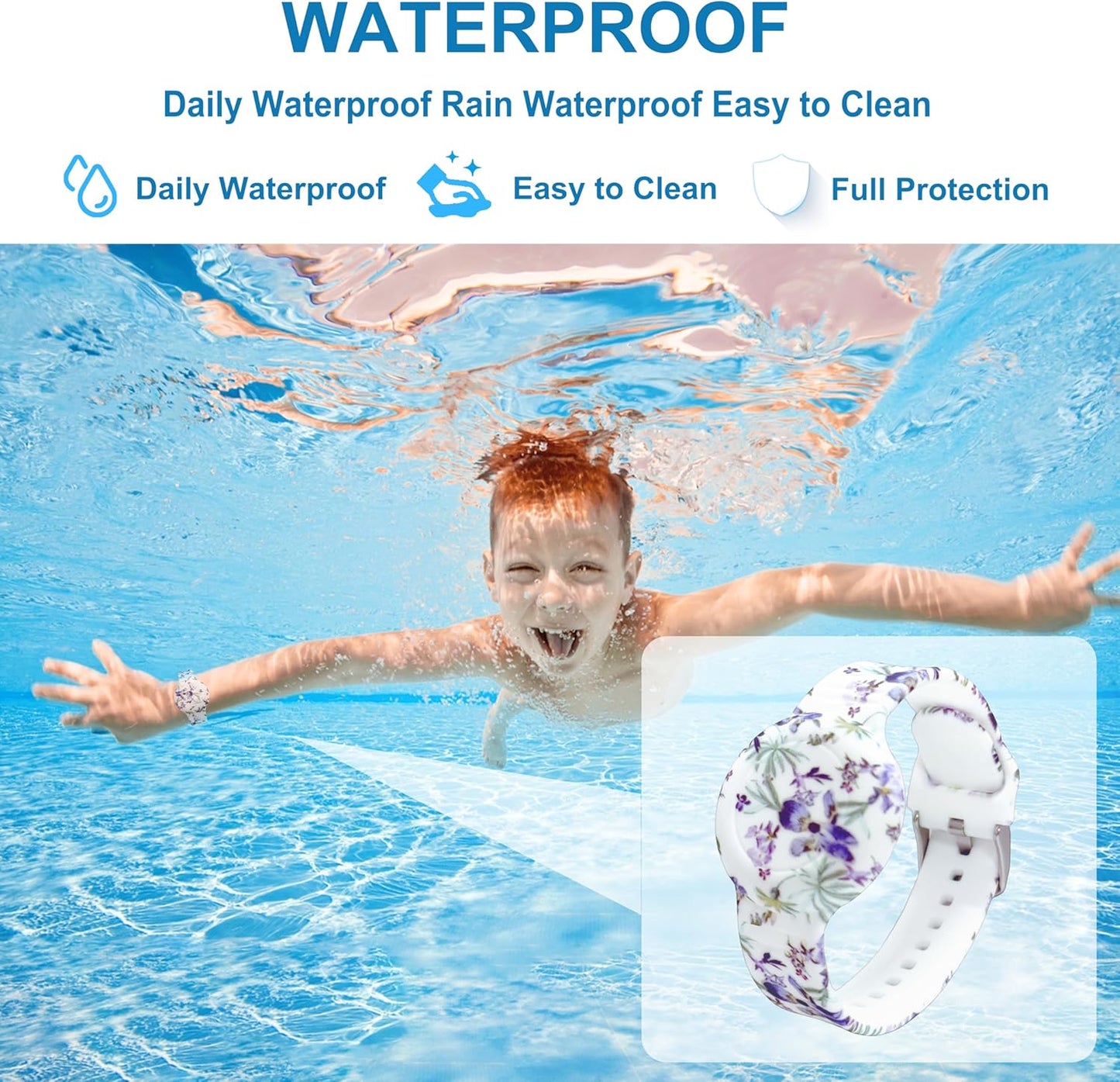 Waterproof AirTag Bracelet for Kids, Soft Silicone Air Tag Hidden Holder Case Compatible with Apple Airtag, Adjustable Anti-Lost Printed Strap GPS Traker for Toddler Child(Iris Flower)