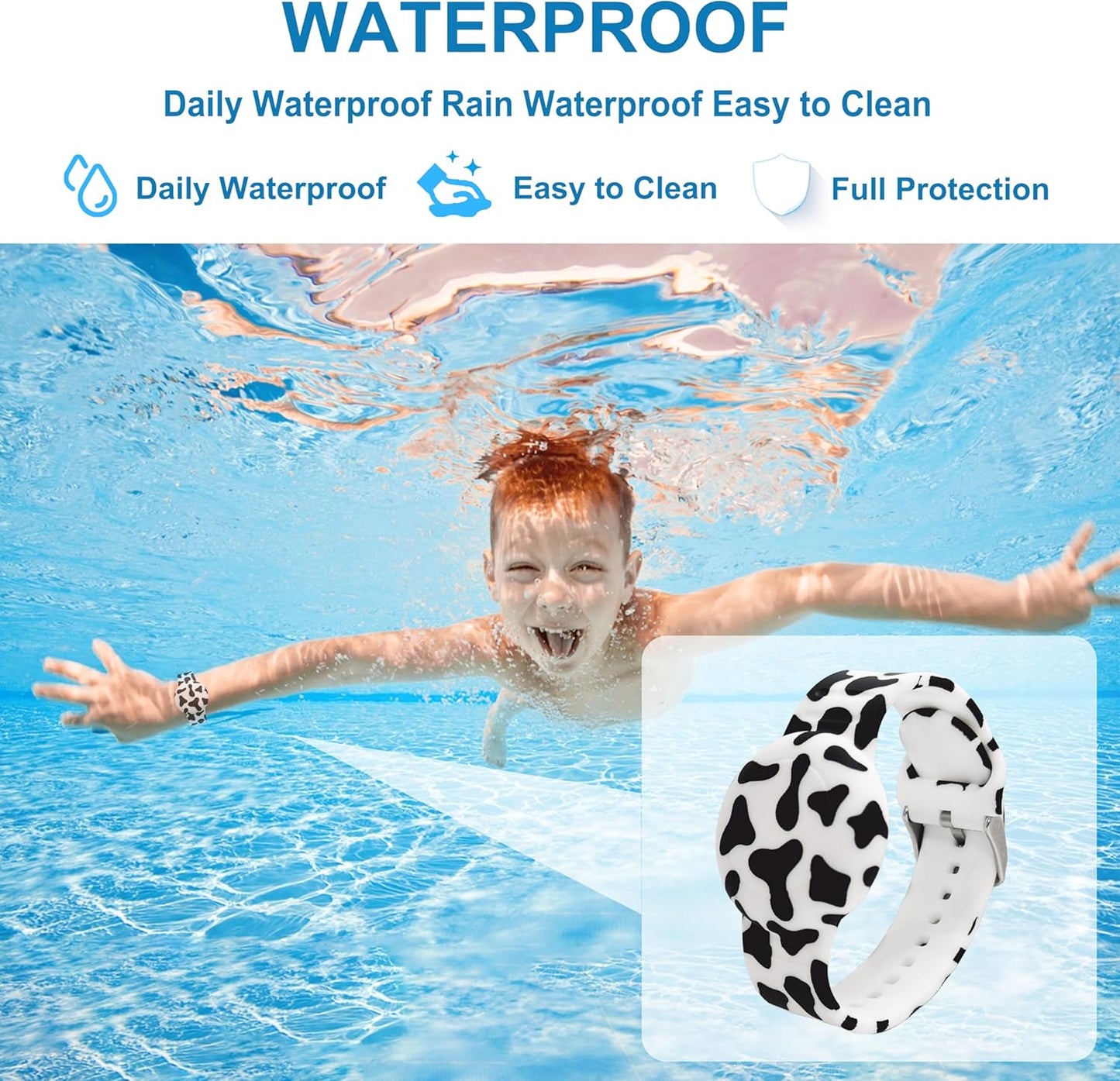 Waterproof AirTag Bracelet for Kids, Soft Silicone Air Tag Hidden Holder Case Compatible with Apple Airtag, Adjustable Anti-Lost Printed Strap GPS Traker for Toddler Child(Dairy Cow)