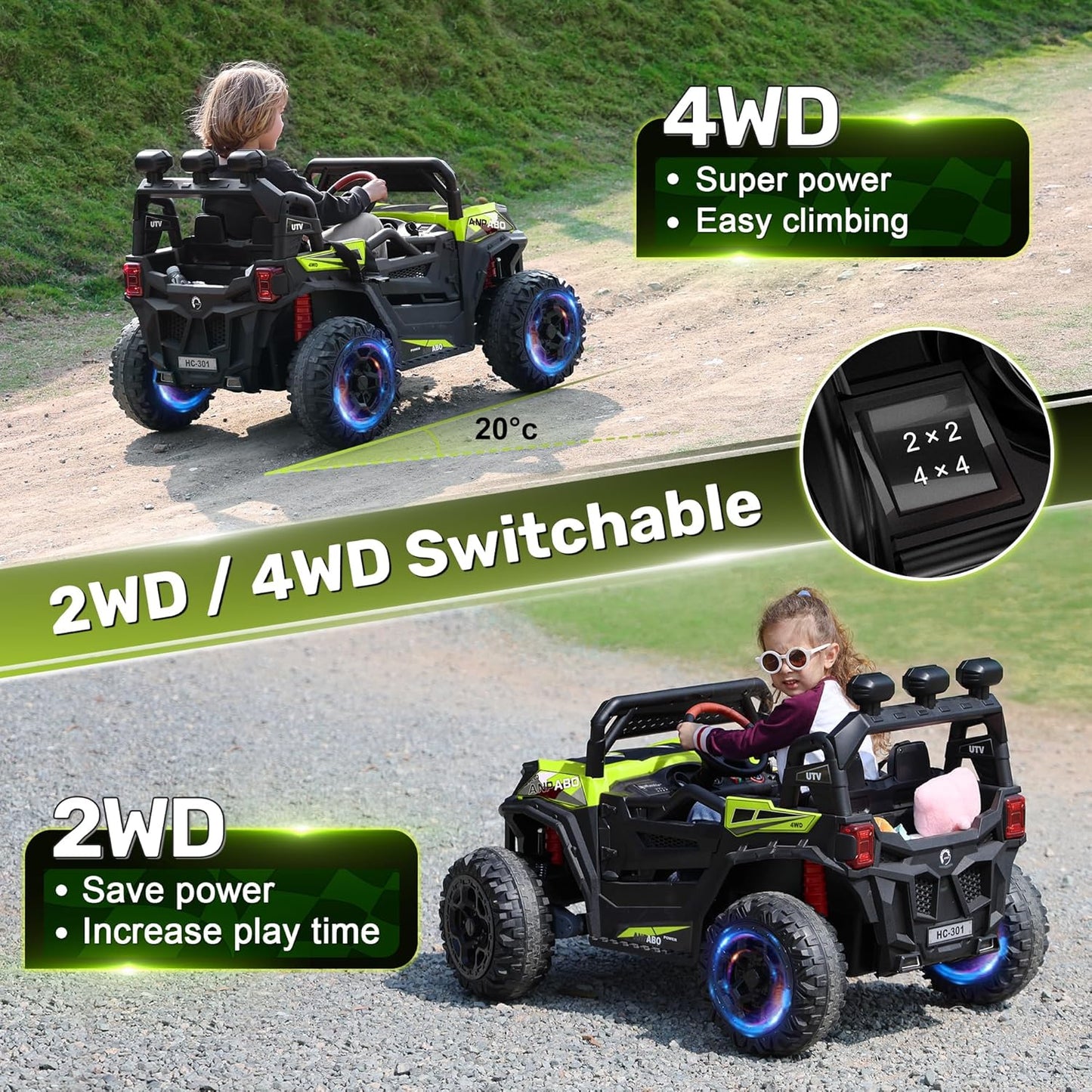 ANPABO 24V 4WD Ride on Car Truck w/Remote Control, 2WD/4WD Switchable Kids UTV, 4 Shock Absorbers, 19" Spacious Seat, Soft Start, Music Player, Electric Car for Kids