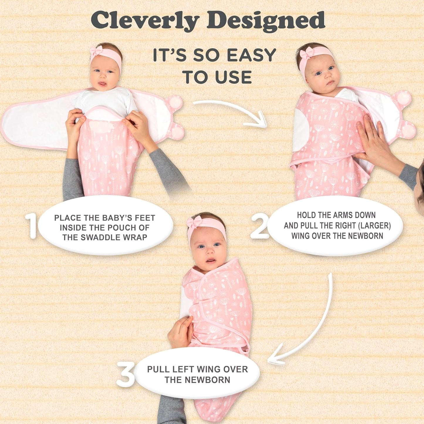 Bublo Baby Swaddles for Newborns – 3-Pack Infant Swaddles 0-3 Months – Adjustable Swaddle Sleep Sack – Soft Organic Cotton Baby Wrap for Safe & Cozy Sleep (Rose Pink)