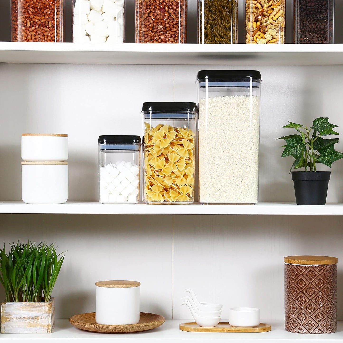 Felli Flip Tite Storage Container with Lid 6" XL Air Tight Ring Lock Top, Clear Acrylic Canister Set for Kitchen, Pet Cat Dog Food Treats, 5 lb Flour Sugar Pantry Organizer (Nest-L, Black)