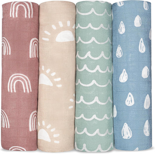 Comfy Cubs Muslin Swaddle Blankets Pack of 4, 47 x 47 Inches, Soft Cotton Baby Blanket Set, Large Multipurpose Swaddling Wraps for Newborns - Self-Soothing Swaddle - Sun, Rainbow, Rain, Doodle
